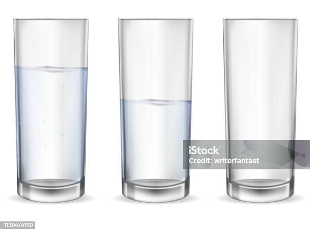 Realistic Empty Glass With Water Cup Set Stock Illustration - Download Image Now - Drinking Glass, Water, Full