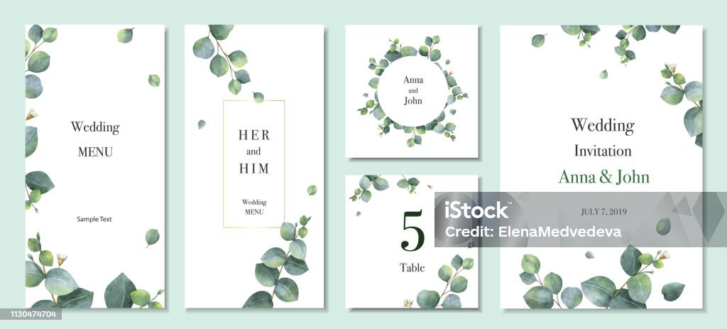 Watercolor vector set wedding invitation card template design with green eucalyptus leaves. Watercolor vector set wedding invitation card template design with green eucalyptus leaves. Illustration for cards, save the date, greeting design, floral invite, menu . Eucalyptus Tree stock vector