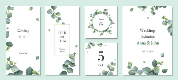 Watercolor vector set wedding invitation card template design with green eucalyptus leaves. Watercolor vector set wedding invitation card template design with green eucalyptus leaves. Illustration for cards, save the date, greeting design, floral invite, menu . floral menu card stock illustrations