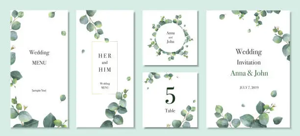 Vector illustration of Watercolor vector set wedding invitation card template design with green eucalyptus leaves.
