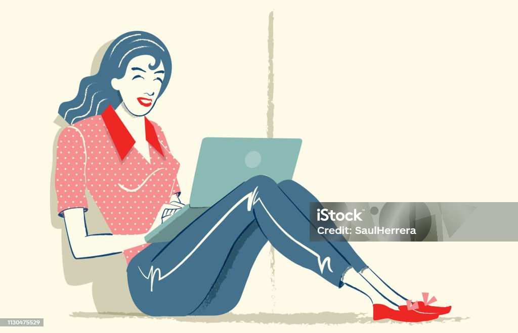 Dziewczyna z laptopem - Grafika wektorowa royalty-free (Laptop)