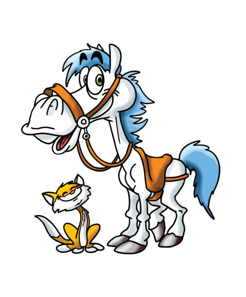 przyjaźń między koniem z kreskówek a ilustracją wektorową kota - cowboy horseback riding nature blue stock illustrations
