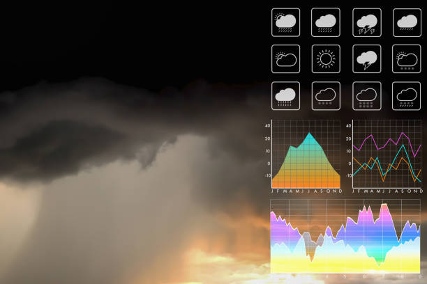 istock Weather forecast symbol data presentation with graph and chart on tropical storm background. Dramatic atmosphere panorama view of storm clouds and heavy rain storm on twilight tropical sky. 1130476924