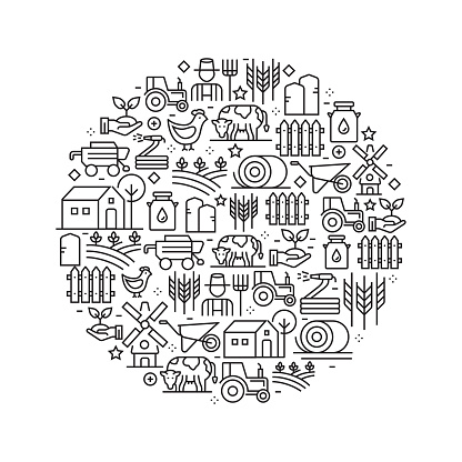 Farm and Agriculture Concept - Black and White Line Icons, Arranged in Circle