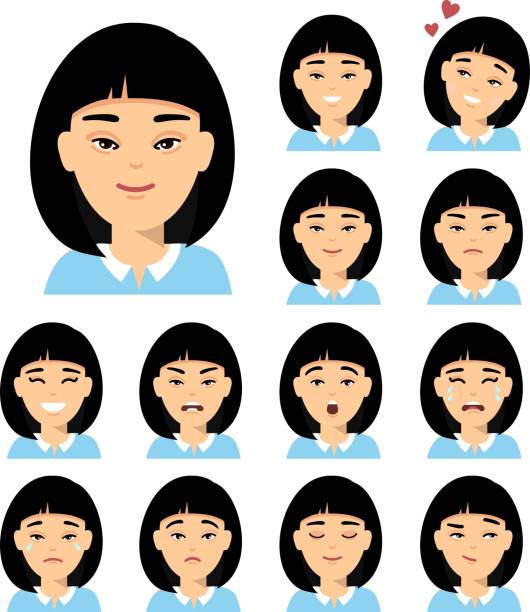 ilustrações de stock, clip art, desenhos animados e ícones de set of isolated different facial emotions young asian woman in colorful flat style. - east asian ethnicity japanese ethnicity asian ethnicity one person