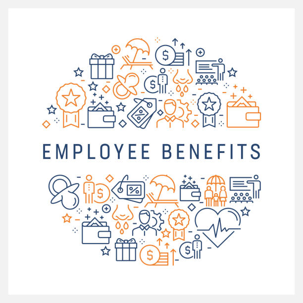 ilustrações de stock, clip art, desenhos animados e ícones de employee benefits concept - colorful line icons, arranged in circle - pension retirement benefits perks