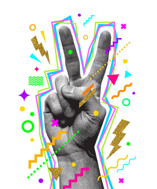 Friedenszeichen Hand. Gravierte Stil Hand und bunte abstrakte Elemente. Vektor-Illustration. – Vektorgrafik