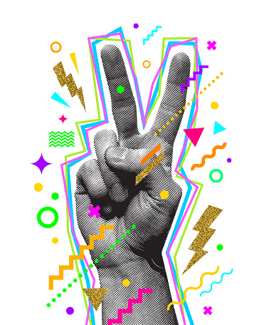 Peace hand sign. Engraved style hand and multicolored abstract elements. Vector illustration.