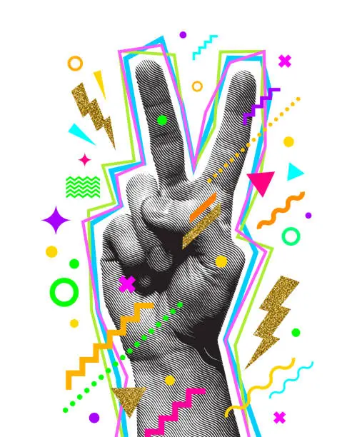 Vector illustration of Peace hand sign. Engraved style hand and multicolored abstract elements. Vector illustration.