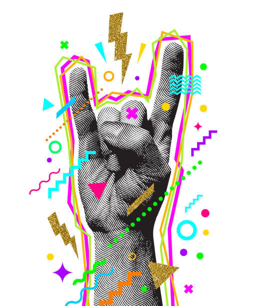 stockillustraties, clipart, cartoons en iconen met rock'n'roll of heavy metal hand teken. gegraveerde stijl hand en veelkleurige abstracte elementen. vectorillustratie. - gravure gefabriceerd object illustraties