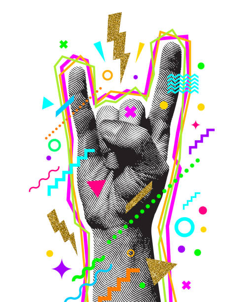 Rock'n'roll or Heavy Metal hand sign. Engraved style hand and multicolored abstract elements. Vector illustration. Rock'n'roll or Heavy Metal hand sign. Two fingers up. Engraved style hand and multicolored abstract elements. Vector illustration. music style stock illustrations