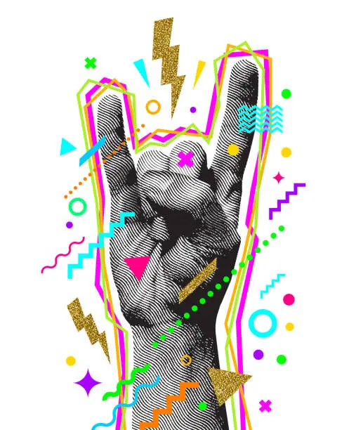 Vector illustration of Rock'n'roll or Heavy Metal hand sign. Engraved style hand and multicolored abstract elements. Vector illustration.