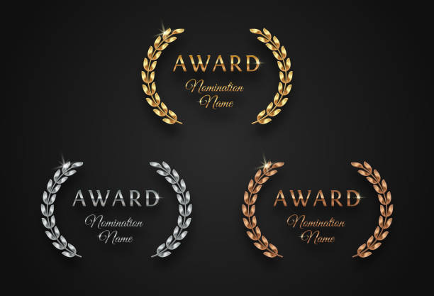 Award sign with laurel wreath - golden, silver and bronze variants Award sign with laurel wreath - golden, silver and bronze variants, isolated on black background. Award sign vector set. bronze alloy stock illustrations