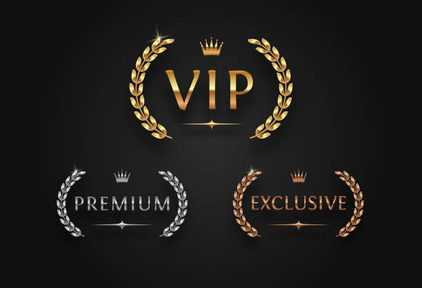 VIP, premium and exclusive sign with laurel wreath VIP, premium and exclusive sign with laurel wreath - golden, silver and bronze variants, isolated on black background. Luxury sign vector set. upper class stock illustrations
