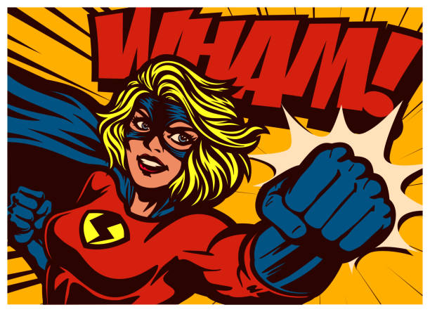 ilustraciones, imágenes clip art, dibujos animados e iconos de stock de superheroína de estilo pop art cómic ilustración de vector de superhéroe femenina de perforación - luchar ilustraciones