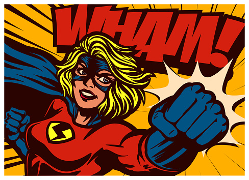 Pop art comic book style superheroine punching female superhero vector illustration