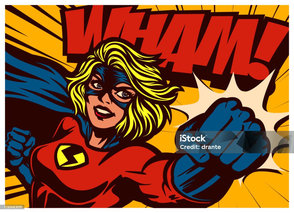 Pop art comic book style superheroine punching female superhero vector illustration Pop art comic book style super heroine punching with female superhero costume original vector illustration Superhero stock vector