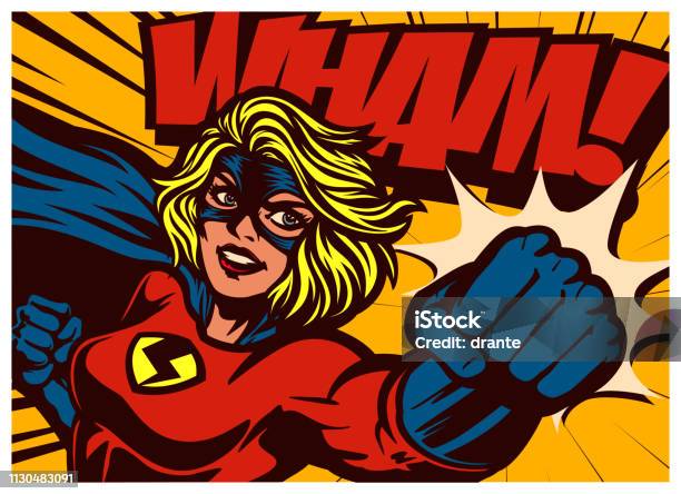 Pop Art Comic Book Style Superheroine Punching Female Superhero Vector Illustration Stock Illustration - Download Image Now