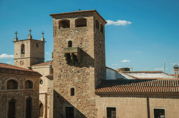 istock Stone tower and gothic steeple church at Caceres 1130484339