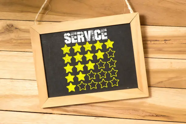 A chalkboard and rating stars for the service