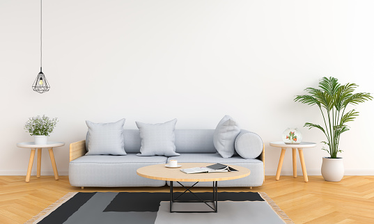 Gray sofa and table in white living room for mockup, 3D rendering
