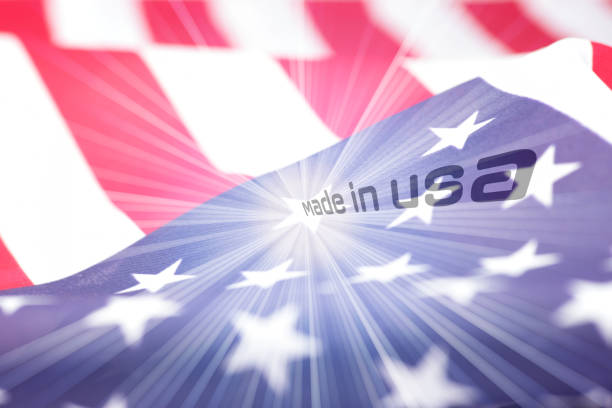 flag of america and slogan made in usa - buy usa american culture made in the usa imagens e fotografias de stock