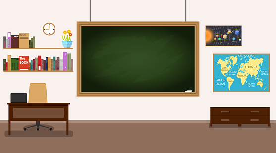 Classroom. Nobody school classroom interior with teachers desk and blackboard. Front Class Background Design.