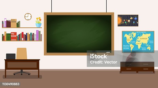 istock Classroom. Nobody school classroom interior with teachers desk and blackboard. Front Class Background Design. 1130490883