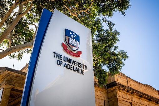 30th December 2018, Adelaide South Australia : Sign of the entrance of Adelaide University with logo in Adelaide SA Australia