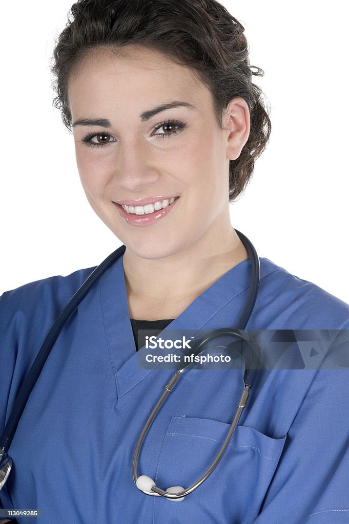 Jeune Infirmière portant bleu, des gommages et stéthoscope, isolation - Photo de Adulte libre de droits