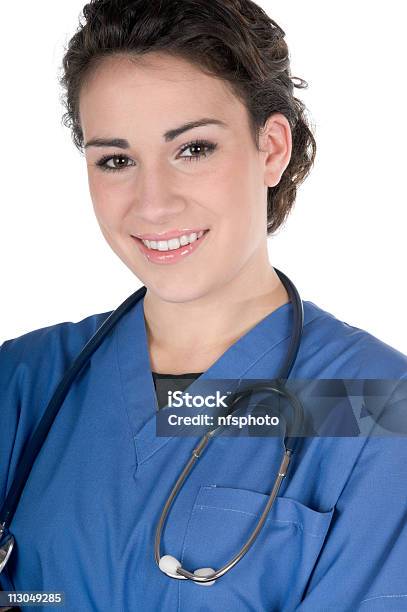 Foto de Jovem Enfermeira Vestindo Esfoliações E Estetoscópio Azul Isolada e mais fotos de stock de Adulto