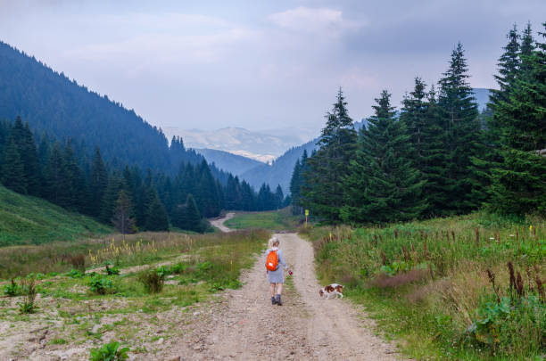 istock Hiker and her dog in mountain landscape 1130492908
