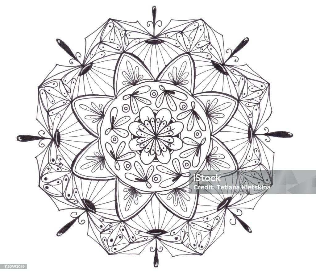 Hand drawn abstract mandala Hand drawn black mandala isolated on white background. Pen art in zentangle style. Perfect for cards, design and backgrounds. Abstract stock illustration