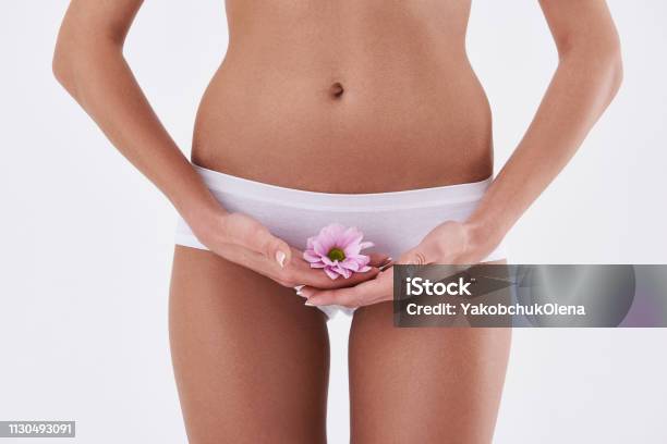 Young Lady Holding Beautiful Pink Flower Near Underwear Stock Photo - Download Image Now