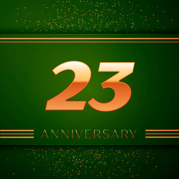 istock Realistic Twenty three 23 Years Anniversary Celebration Logotype. Golden numbers and golden confetti on green background. Colorful Vector template elements for your birthday party 1130494340