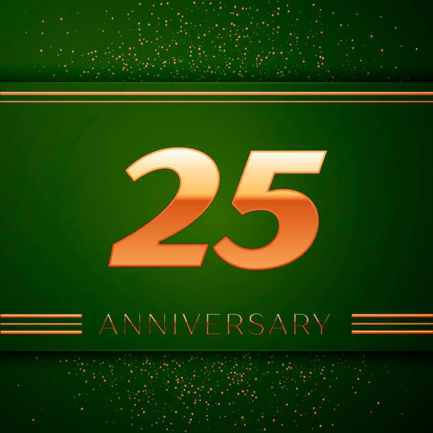 istock Realistic Twenty five 25 Years Anniversary Celebration Logotype. Golden numbers and golden confetti on green background. Colorful Vector template elements for your birthday party 1130494361