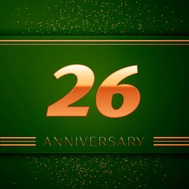 istock Realistic Twenty six 26 Years Anniversary Celebration Logotype. Golden numbers and golden confetti on green background. Colorful Vector template elements for your birthday party 1130494389