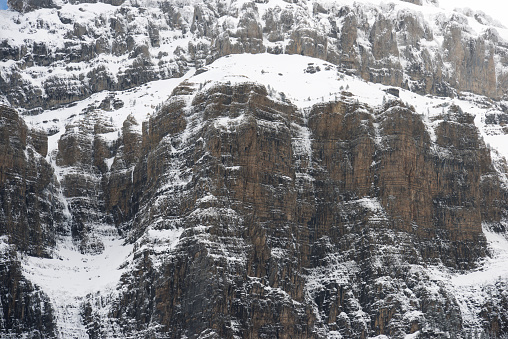 Snowy peaks in Ordesa National Park, Pyrenees, Huesca, Aragon, Spain.