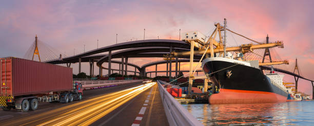 istock Panorama transport and logistic concept by truck boat plane for logistic Import export background 1130497084