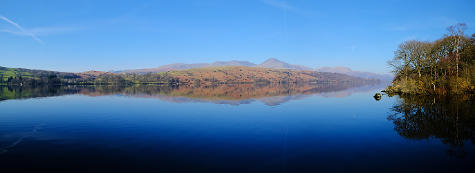 two stitched shots of a mirror calm Coniston in English Lake District