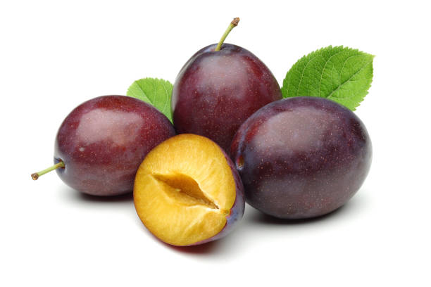Damson plums with leaf isolated on white