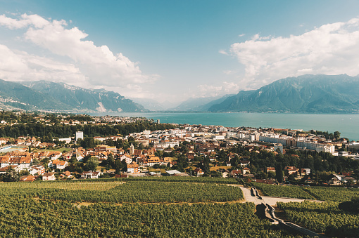 Top view on Vevey city and Lavaux vineyards, canton of Vaud, Switzerland