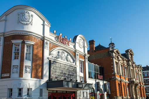 View of the Ritzy Picturehouse cinema in south west London, a prominent building with a bar and cafe