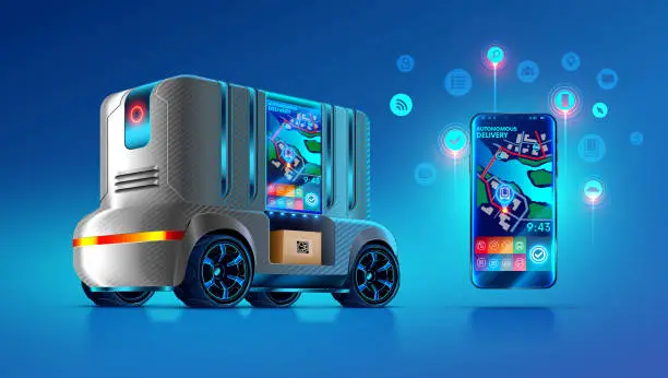 Vector illustration of Autonomous van delivers. Smartphone app self-driving lorry. Future delivery service concept.