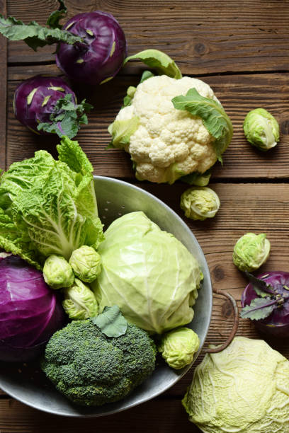 istock Different varieties of cabbage. Organic fresh vegetables - cauliflower, kohlrabi, broccoli, white and purple cabbage, savoy, brussels. Raw food. Healthy food 1130507921