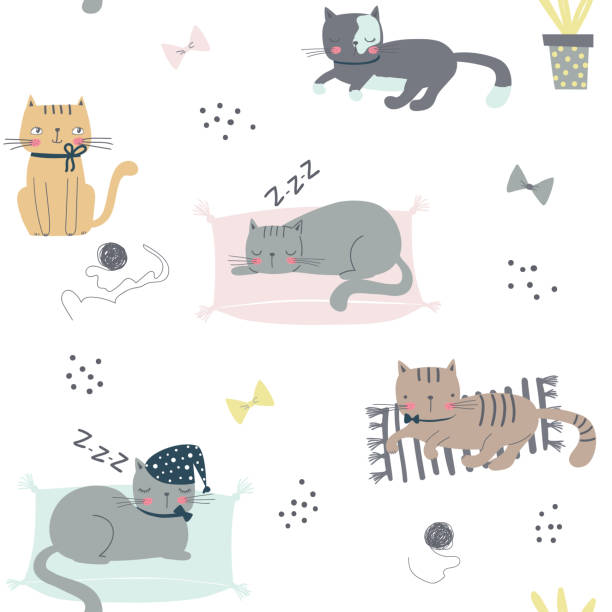 bildbanksillustrationer, clip art samt tecknat material och ikoner med sömlös barnslig mönster med katter - school animal coloring