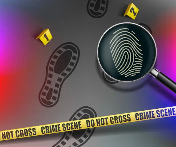 Vector illustration of Crime scene. Magnifying glass with fingerprint
