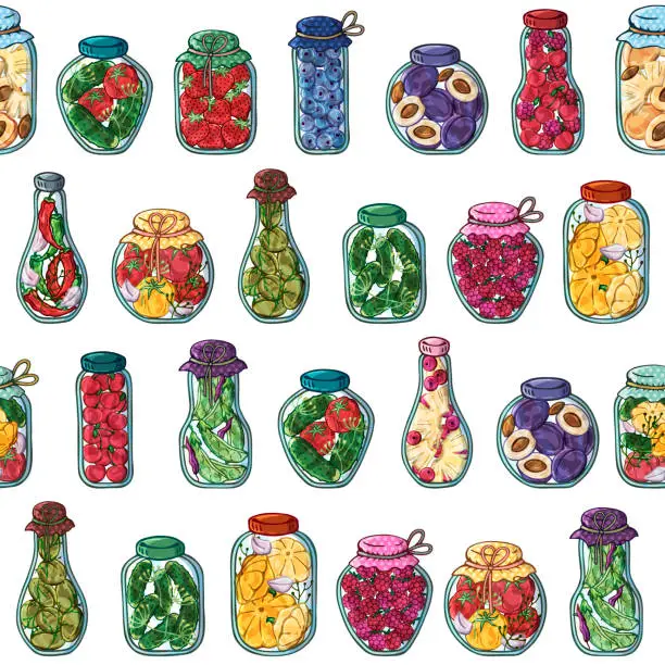 Vector illustration of Jars of canned vegetables and fruits