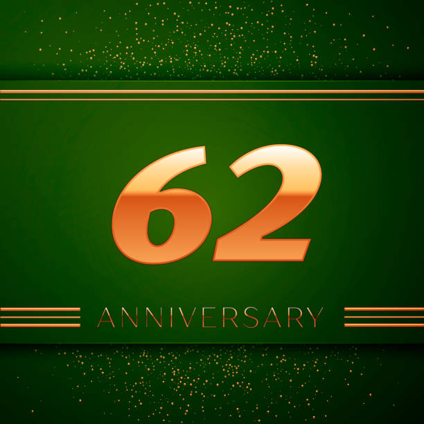 istock Realistic Sixty two 62 Years Anniversary Celebration Logotype. Golden numbers and golden confetti on green background. Colorful Vector template elements for your birthday party 1130514994