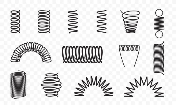 Spiral springs different shapes and types vector icons of swirl line or curved wire cords, shock absorbers or equipment parts on transparent background Spiral springs different shapes and types vector icons of swirl line or curved wire cords, shock absorbers or equipment parts on transparent background coiled spring stock illustrations